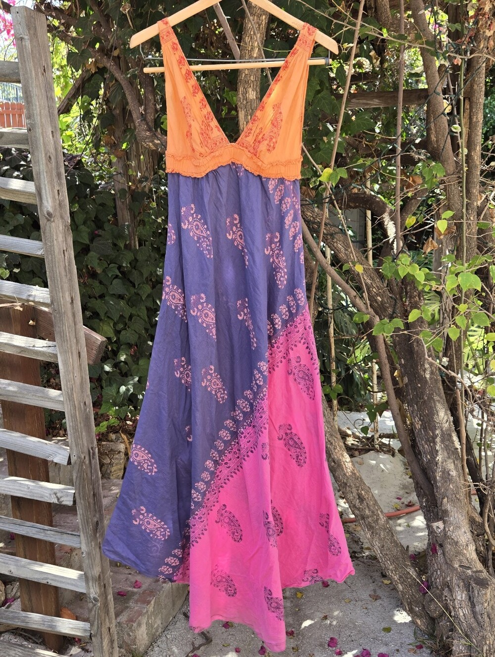 Bohemian Beachy Glam Sweeping  Maxi Dress in Orange, Purple & Pink S